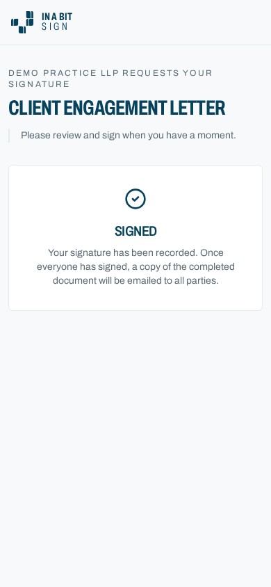 Confirmation screen after signing on a mobile phone