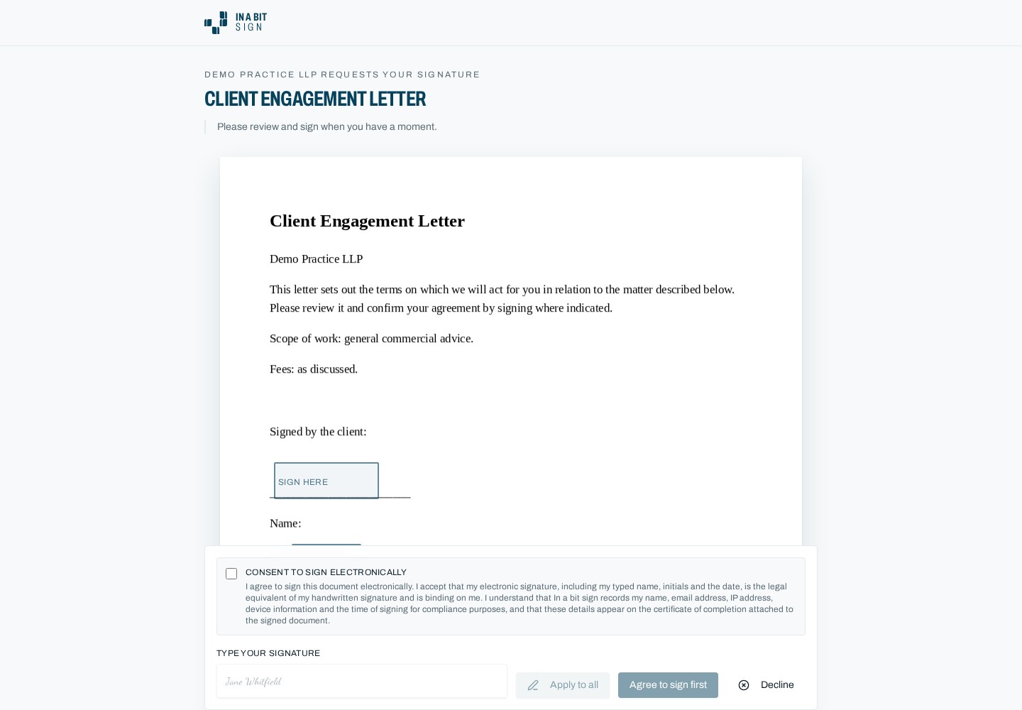 A client reviewing and signing an engagement letter in their browser